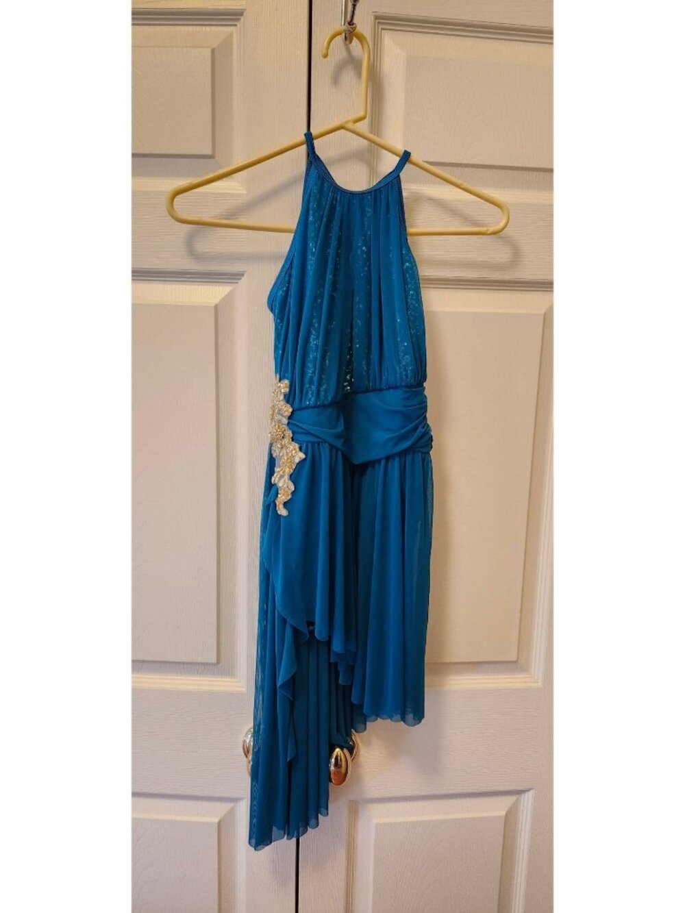 Weissman Teal 13171 10,000 Miles Cascade Shirred Mesh Dance Dress Costume Size L